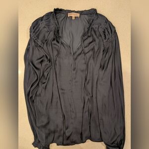 Anthropologie Slate-Gray Tie-Neck Peasant Blouse